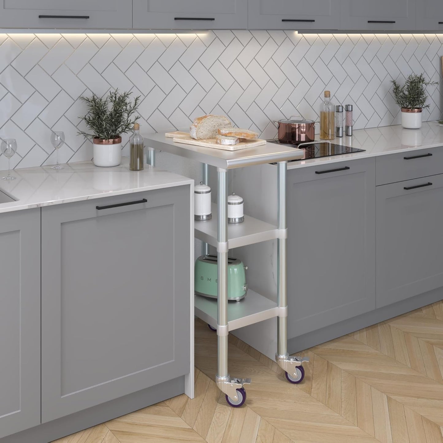 AmGood Stainless Steel Work Table with 2 Shelves and Casters | Metal Utility Table On Wheels (Stainless Steel Work Table with 2 Shelves + Casters, 15" Long x 30" Deep)