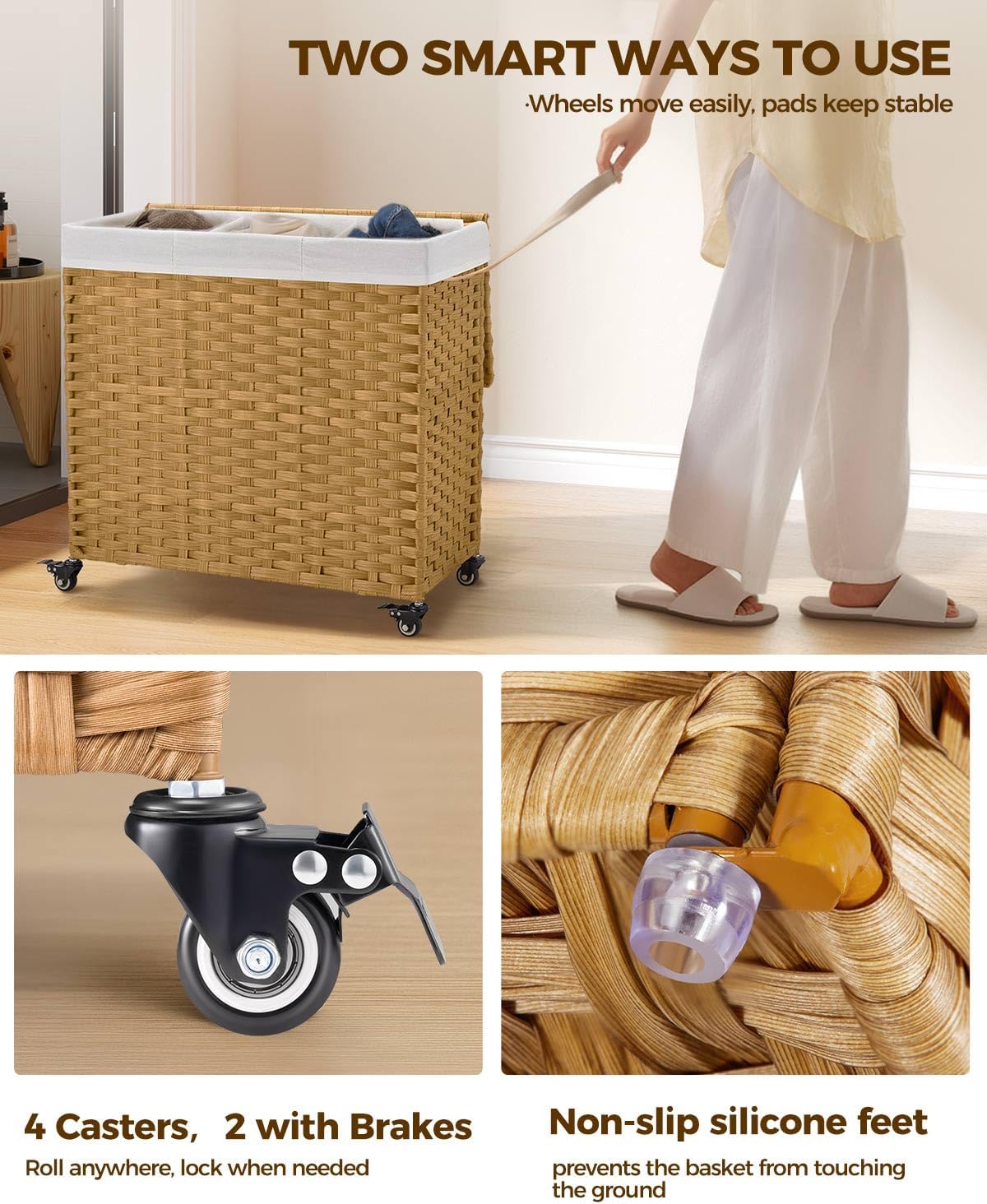 Greenstell Laundry Hamper with Wheels&Lid, 130L Large 3 Sections Clothes Hamper with 2 Types Removable Liner Bags, 5 Mesh Laundry Bags, Handwoven Divided Laundry Basket for Clothes, Natural