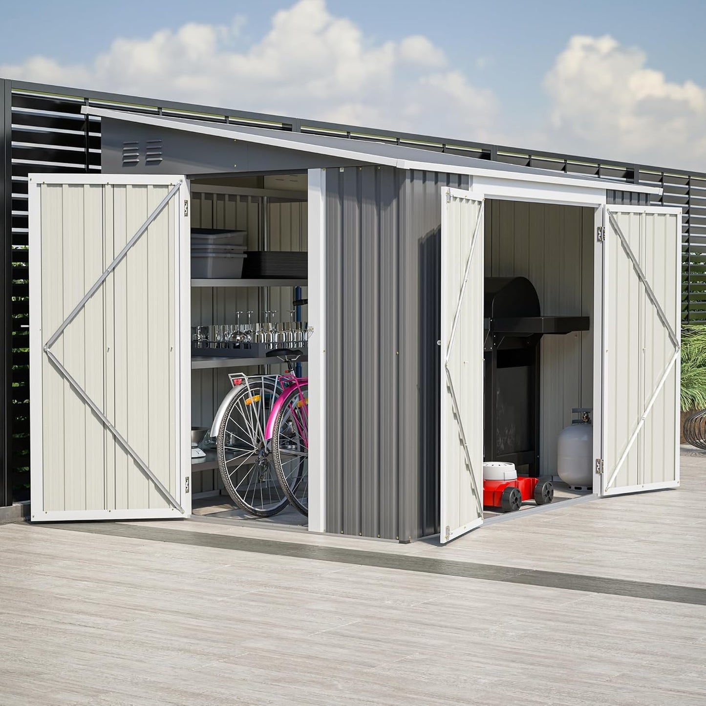 8x6 FT Outdoor Storage Shed with Sloping Roof, Lockable Double Doors & Adjustable Side Door, Weatherproof with Frame Floor, Compact Metal Tool Shed for Garden, Backyard and Patio
