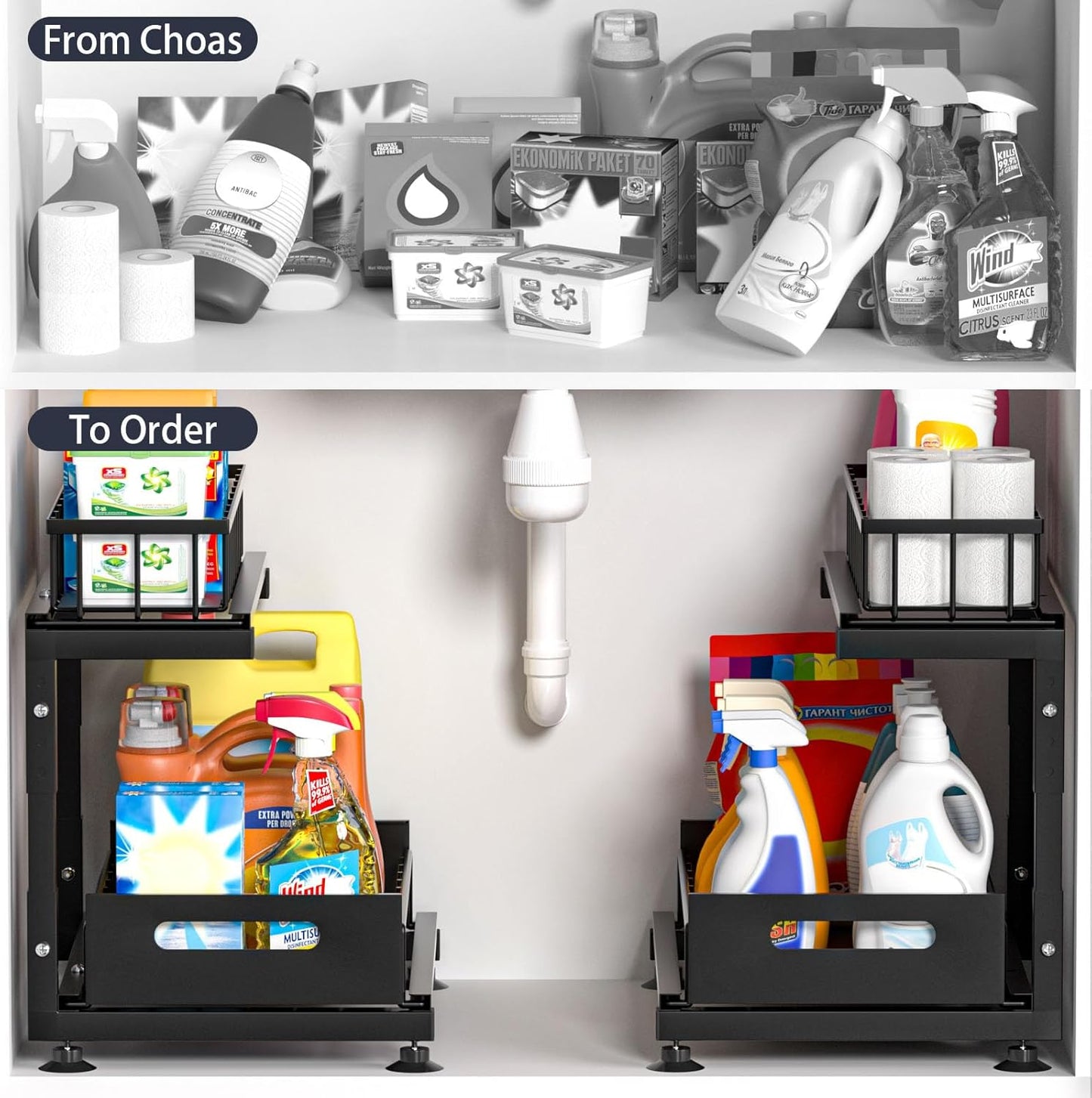 Under Sink Organizer, 2-Tier Pull Out Cabinet Drawer with Adjustable Height 13.7-17.1", Kitchen Bathroom Storage Rack, Heavy Duty Metal Sliding Basket Shelf