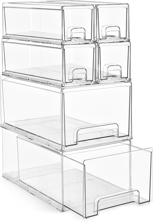 Sorbus 2 Large & 4 Small Clear Stackable Storage Drawers – Plastic Organizer Bins with Handles – Stackable Pull-Out Storage Drawers for Closet, Pantry, Office, Bathroom, Craft, and Toy Organization