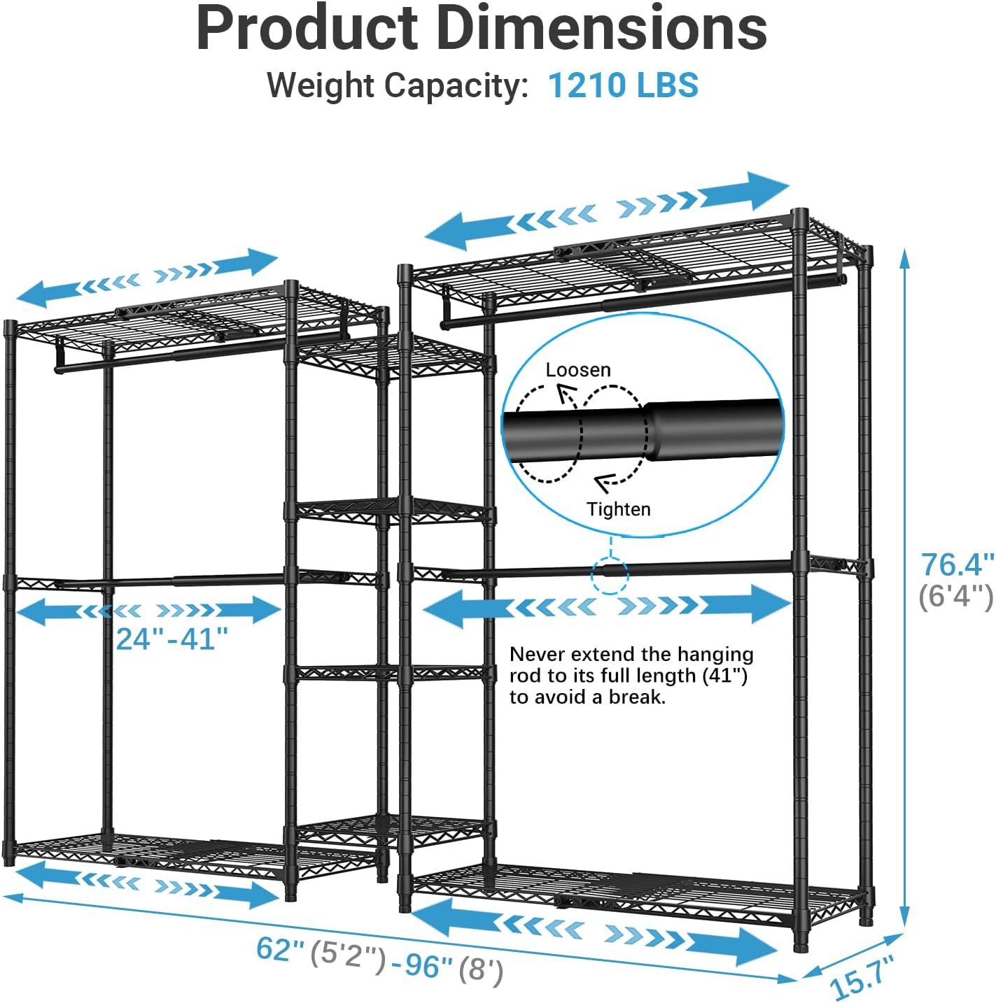 VIPEK X3 Expandable Heavy Duty Clothes Rack Adjustable from 5'2" to 8' with Adjustable Shelves and Hanger Rods, Large Freestanding Clothing Racks Reach-in & Walk-in Closet, Max Load 1210LBS, Black