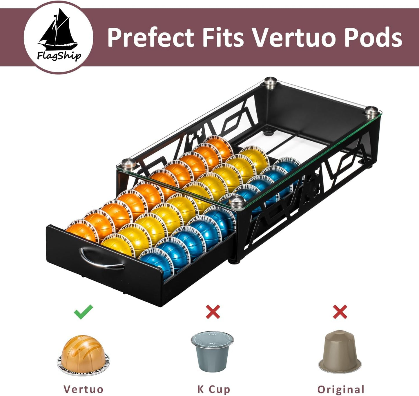 FlagShip Vertuo Pod Drawer Glass Top Coffee Capsule Organizer & Space-Saving for Nespresso Pod Holder Coffee Machine Stand(30 Vertuo Pods Capacity)