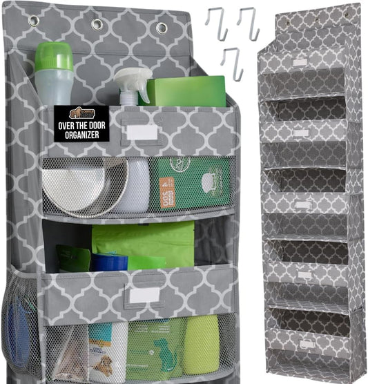GORILLA GRIP Large Capacity Closet Organizer, 5 Deep Shelves, Holds 50lbs, Over the Door Organizers 6 Mesh Pockets, Shelf Storage for Clothes Crafts Essentials, 3 Metal Hooks, 58x15 Inches, Quatrefoil