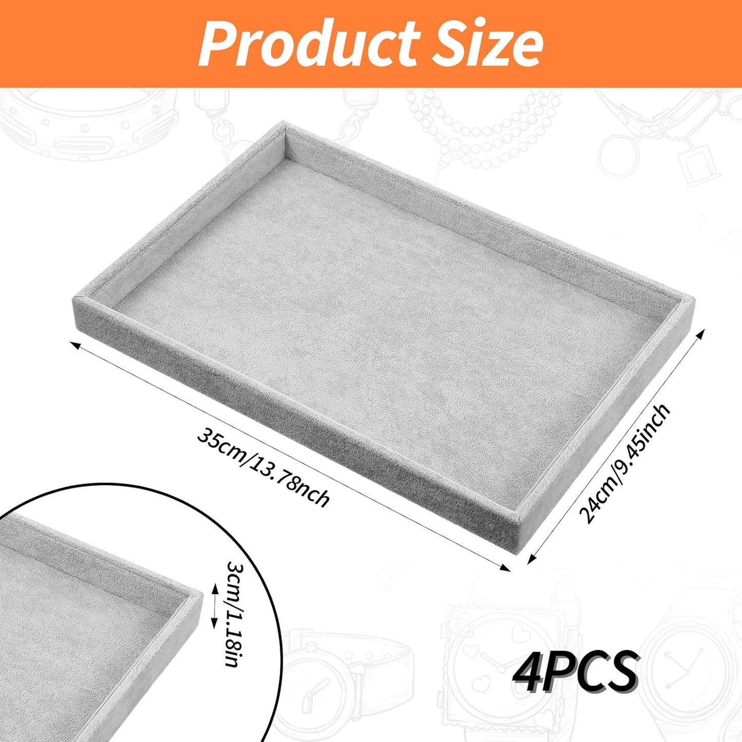 4 Pack Gray Velvet Stackable Jewelry Tray Showcase Display - 13.78 x 9.45 x 1.18 Inch, Stackable Necklace Bracelet Ring Showcase Display Empty Plate for Necklace Earring Ring Bracelet