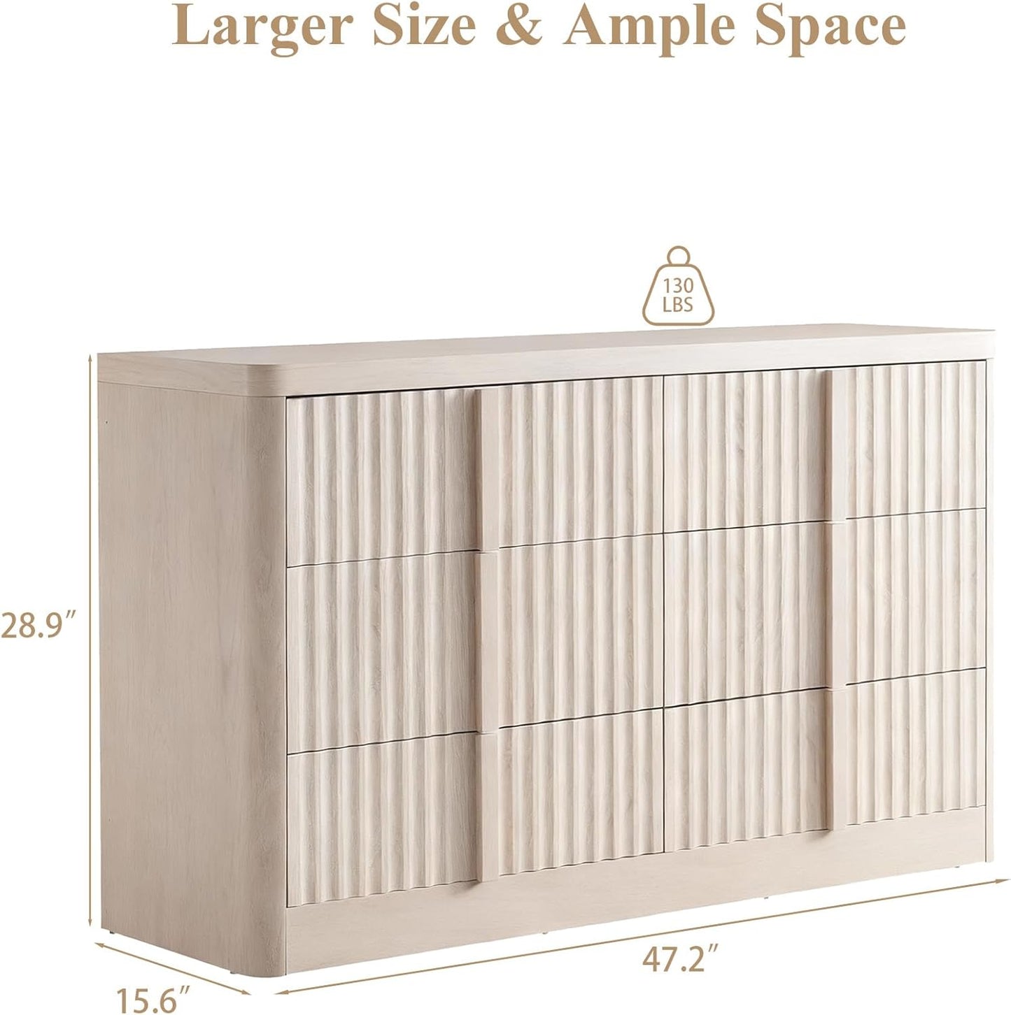Fluted Dresser for Bedroom, 47" Wide 6 Drawer Dresser, Modern TV Stand Set, Curved Profile Design, Chest of Drawers with Solid Wood Handle for Living Room, Bedroom, Hallway
