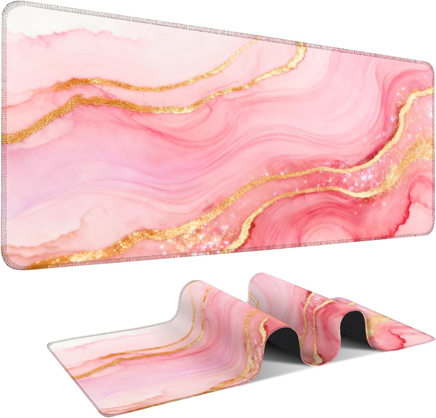 Pink and Gold Stripes Gaming Mouse Pad 35.4"x15.7"Desk Mat Anti-Slip Rubber Base & Durable Stitched Edges for Gamers Smooth Mouse Writing Surface for Desk Office/Home