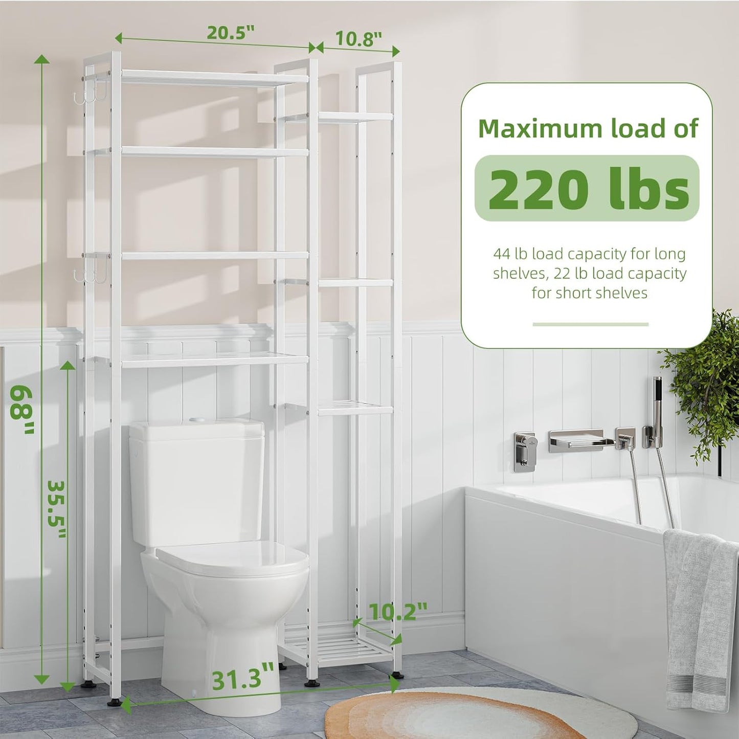 Simple Trending 8 Tier Over The Toilet Storage with Side Rack, Bathroom Organizer Metal Shelves for Towels, White