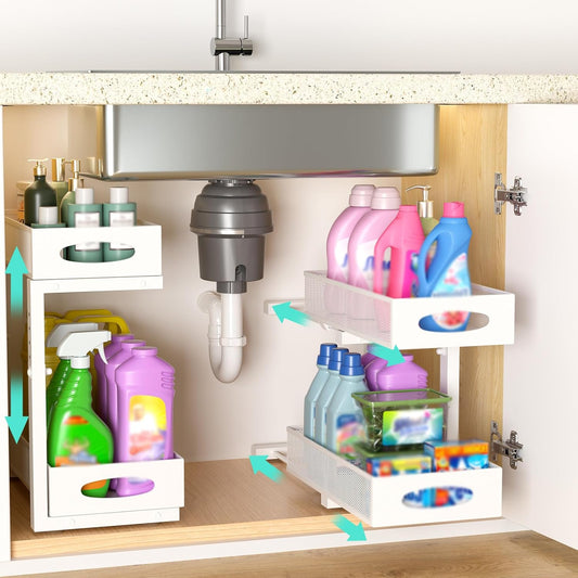 Under Sink Organizer, 2 Pack 2 Tier Metal Slide Out Pull Out Cabinet Organizer Shelf, Height Adjustable Organization and Storage Series, Bathroom/Desktop/Cabinet/Kitchen organization, White
