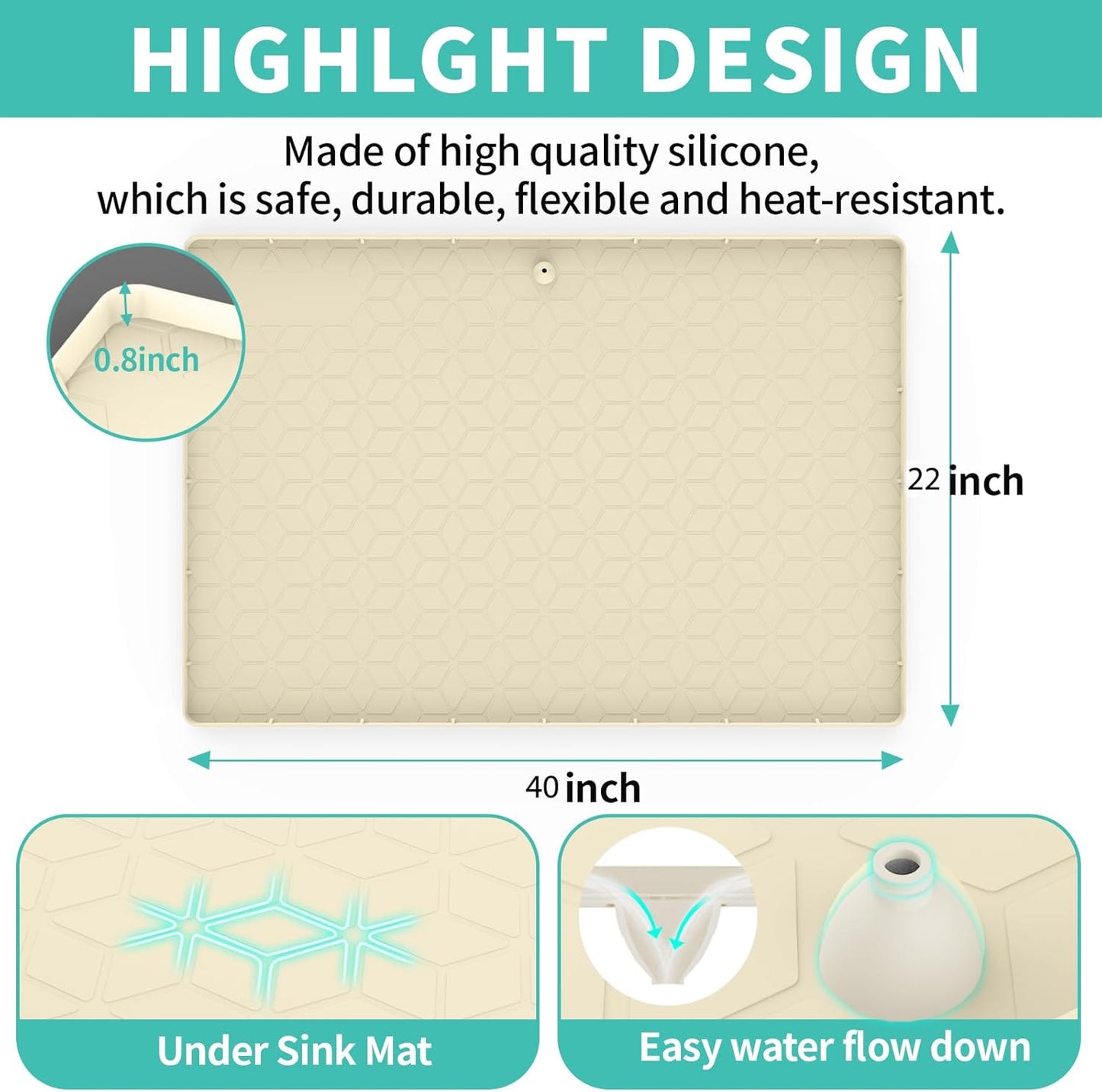 Under Sink Mat for Kitchen, Silicone Waterproof Liner, Flexible Organizer Tray with Drain Hole, 3.6 Gallons Capacity, Easy to Clean