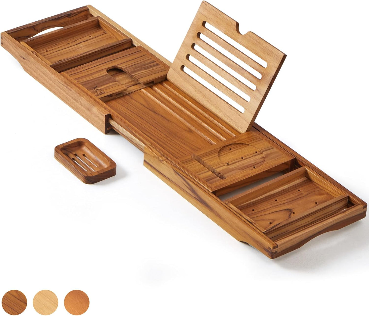 XcE Teak Bathtub Caddy Tray - Expandable to 41 Inches with Book Stand, Soap Holder & Anti-Slip Pads for Luxury Bath Spa, Teak