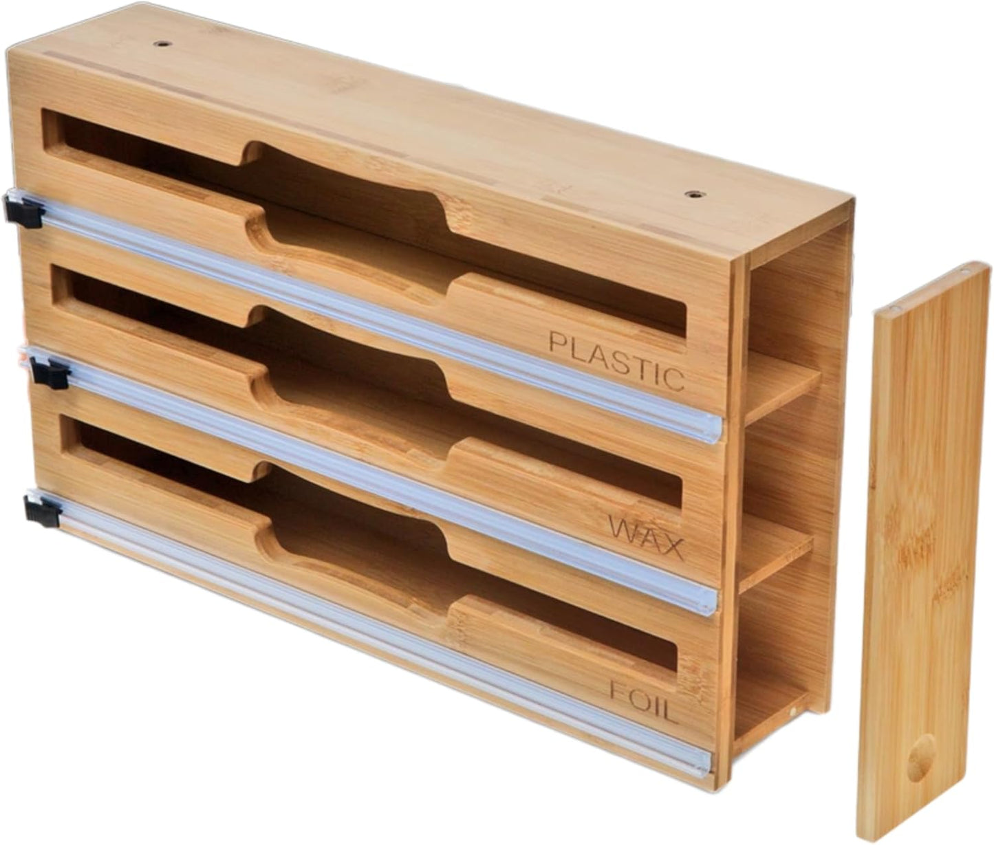 3 in 1 Wrap Organizer with Cutter and Labels, Plastic Wrap, Aluminum Foil and Wax Bamboo Dispenser for Kitchen Storage Organization Holder for 12" Roll (Natural)