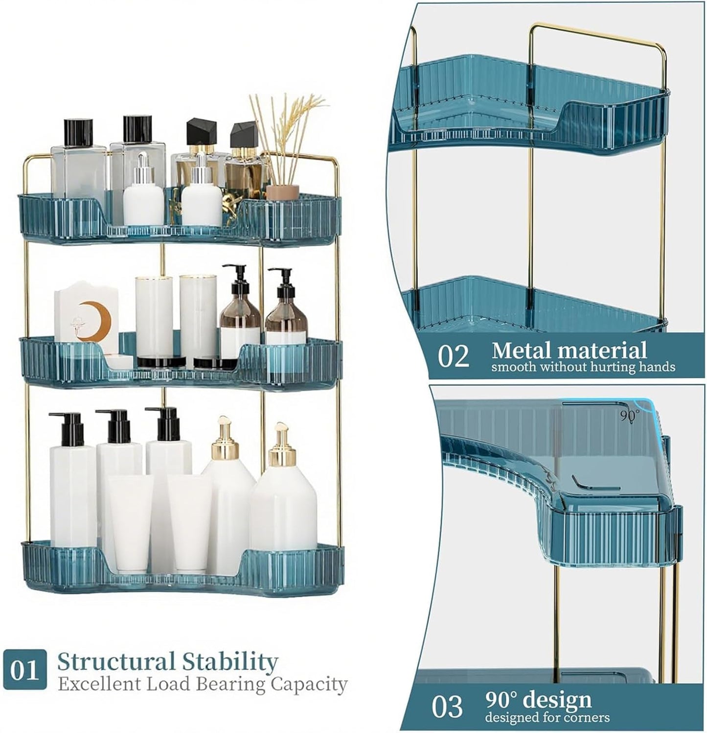 Corner Bathroom Countertop Organizer, Vanity Organizer Trays for Counter, Makeup Organizers, Perfume Tray, Skincare Shelf Storage Gifts for Women Girl Student (Blue, 3 Tiers)