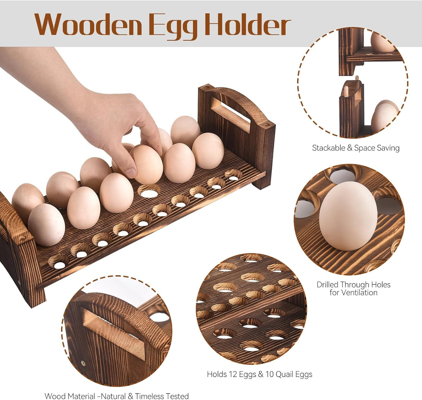 Wooden Egg Holder 2 Layer Rack Holders Countertop Stackable Quail Egg Sorter Storage Trays Organizer Display Stand Kitchen Rack Fits Duck, Turkey, Chicken Eggs,up to 36 Eggs, 2 Tier-Brown