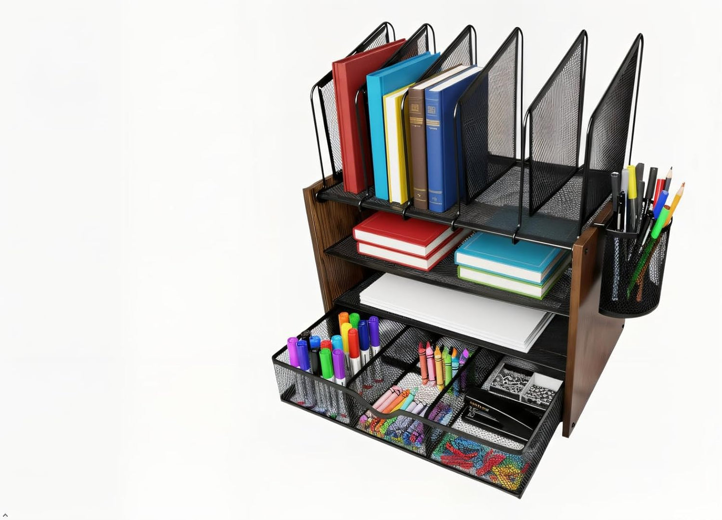 4-Tier Wood & Metal Desk Organizer – Vertical File Tray, Pen Holder & Drawer | Desktop Organizer for Home Office Supplies, Folders, Notebooks & Documents | Space-Saving Mesh Office Organizer