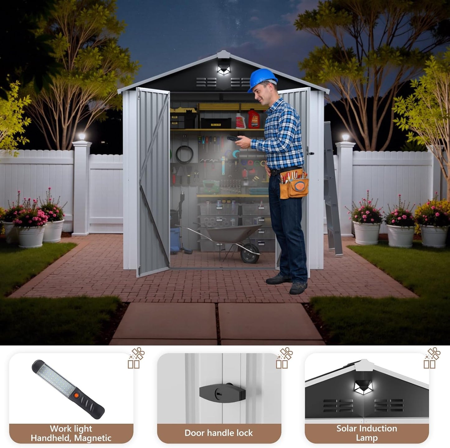 8X6 FT Outdoor Storage Shed, Metal Garden Shed - Tool Storage Sheds with Lockable Doors, Waterproof Outside Storage Building for Backyard, Patio (White; Floor Not Included)