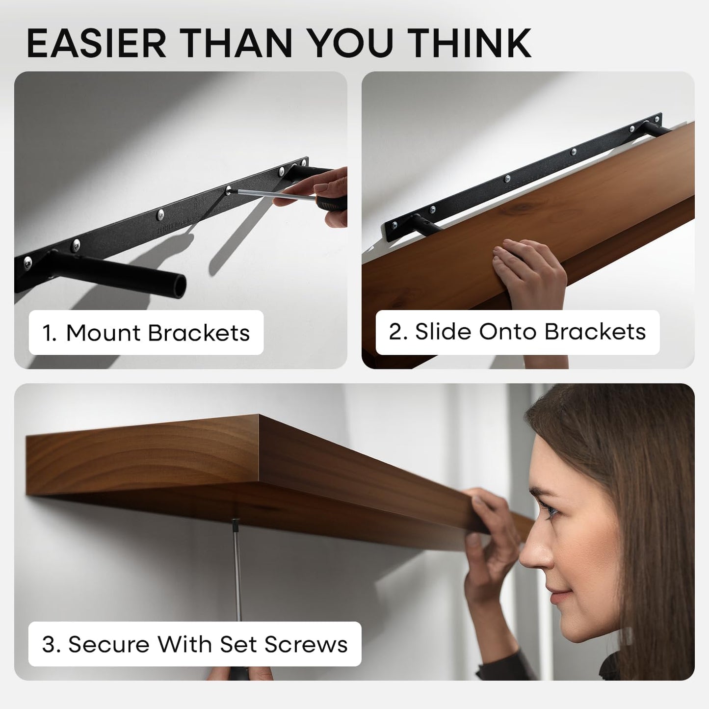 Homeforia Walnut Floating Bathroom Shelves, High End Solid Real Wood 16 inch Small Floating Shelf for Wall Mounted, Dark Brown 16inch Floating Shelves, Heavy Duty Bracket, 16 X 6.5 X 1.75 in, Set of 3