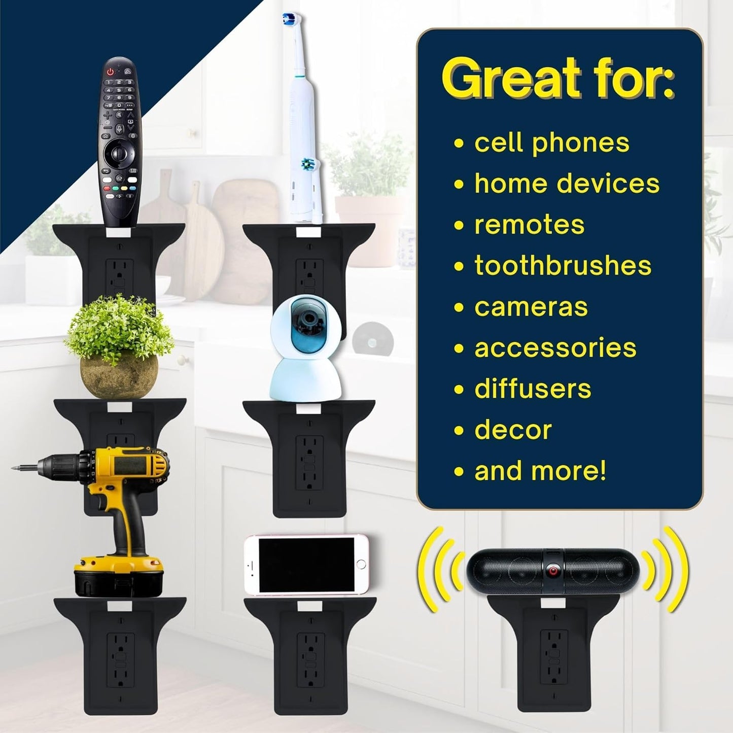 Power Perch Wall Outlet Shelf with Cord Storage Strap - Declutter & Reclaim Bathroom Counter Space - Alexa Stand, Apple Homepod Shelf, Toothbrush Holders Wall Mounted - Black, 2-Pack
