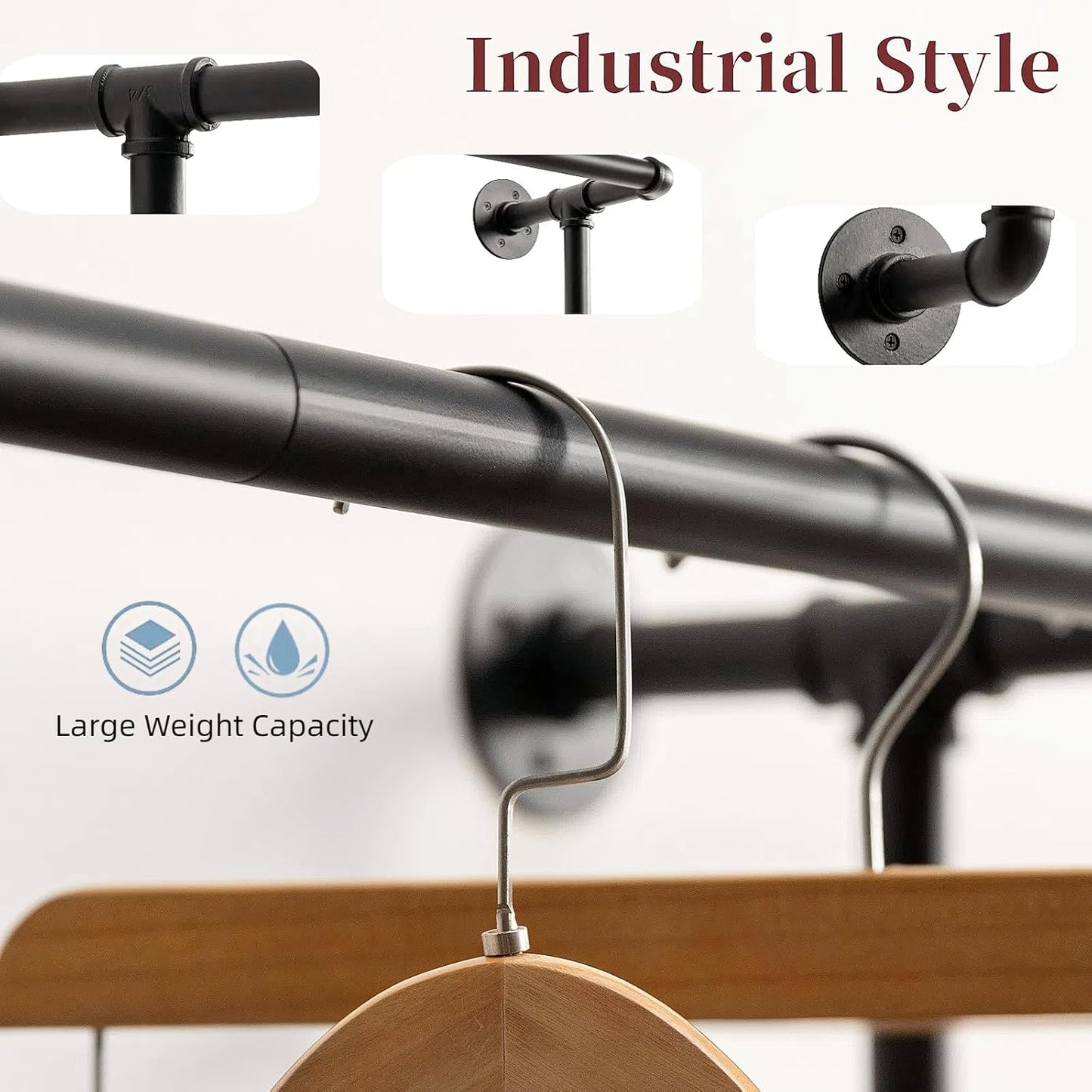 Wall Clothes Rack, Industrial Pipe Clothing Rack for Hanging Clothes, Wall Mounted Heavy Duty Space Saving Garment Racks, Multi-Purpose Clothing Hanging Rods for Closet Storage, Black