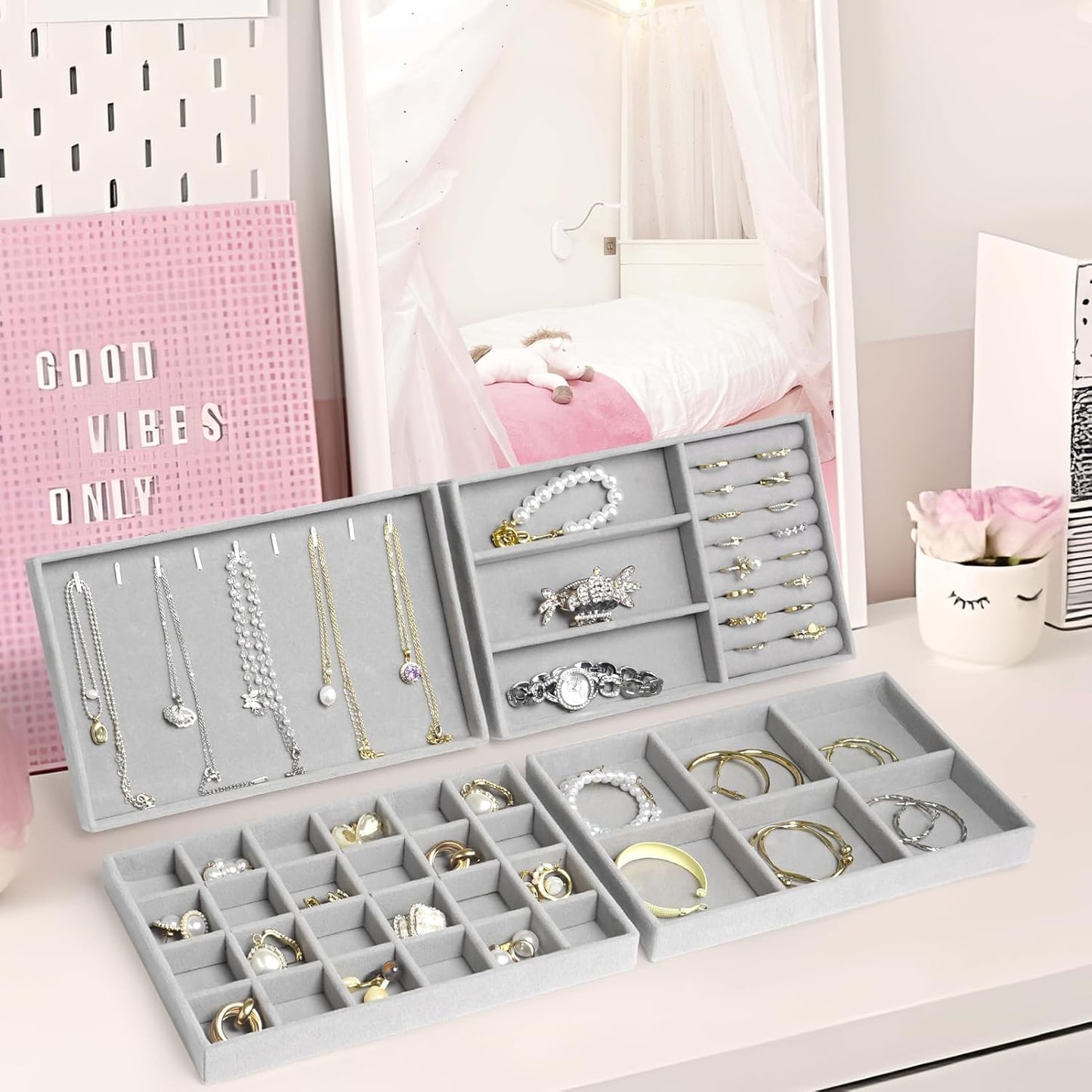 Jenseits Set of 4 Stackable Jewelry Organizer Trays for Drawers, Jewelry Drawer Inserts with Removable Dividers, Velvet Jewelry Container Display Case Storage for Earring Necklace Rings Bracelet, Grey