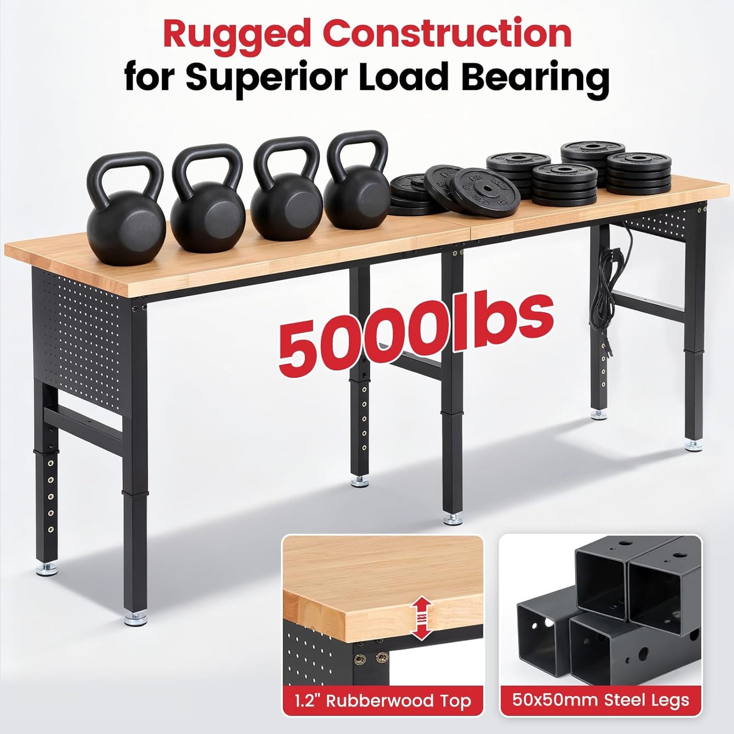 Work Bench 96 Inch Heavy Duty Work Table with Power Outlets & Extended Pegboard Adjustable Height 5000 Lbs Load Capacity Workstation for Garage, Workshop, Home, Office