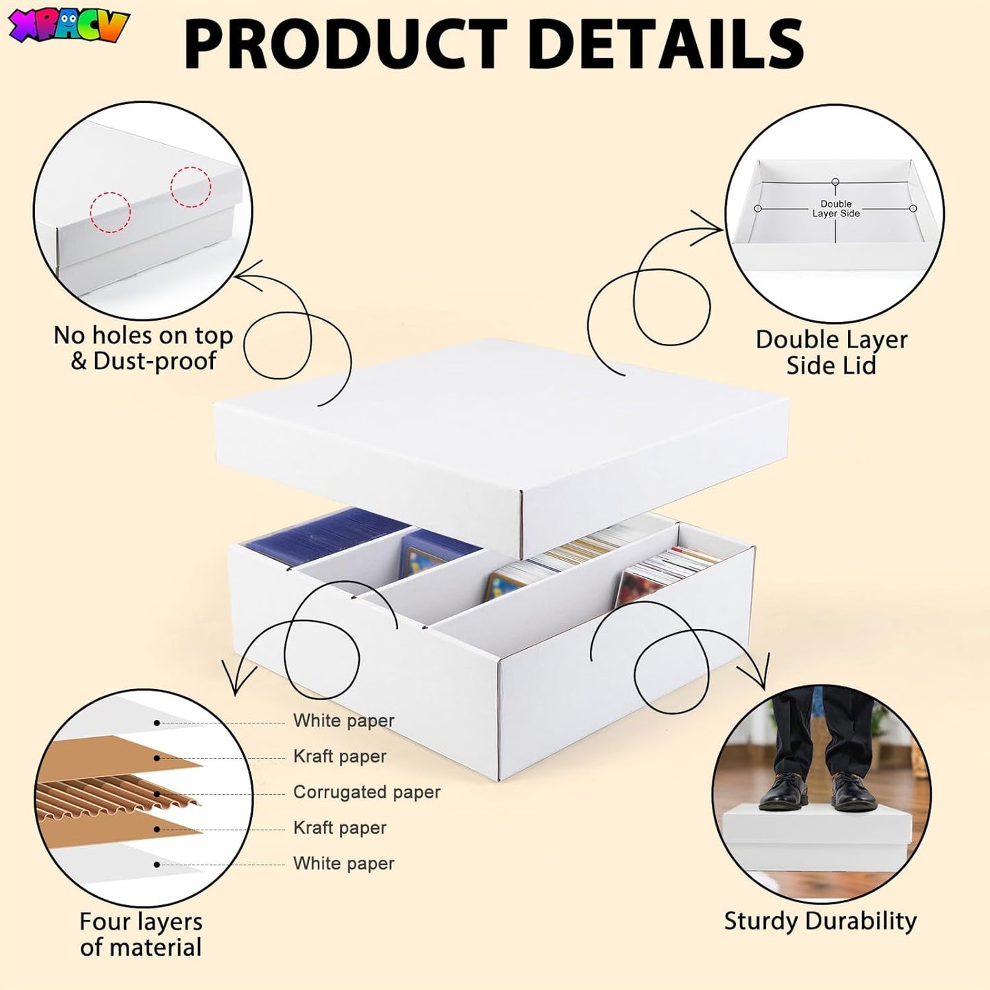 5 Pack Toploader Trading Card Storage Box, 4 Row 3200 Count White Cardboard Storage Box for Basketball/MTG/TCG/Sports/Game Cards Organizer and Collection