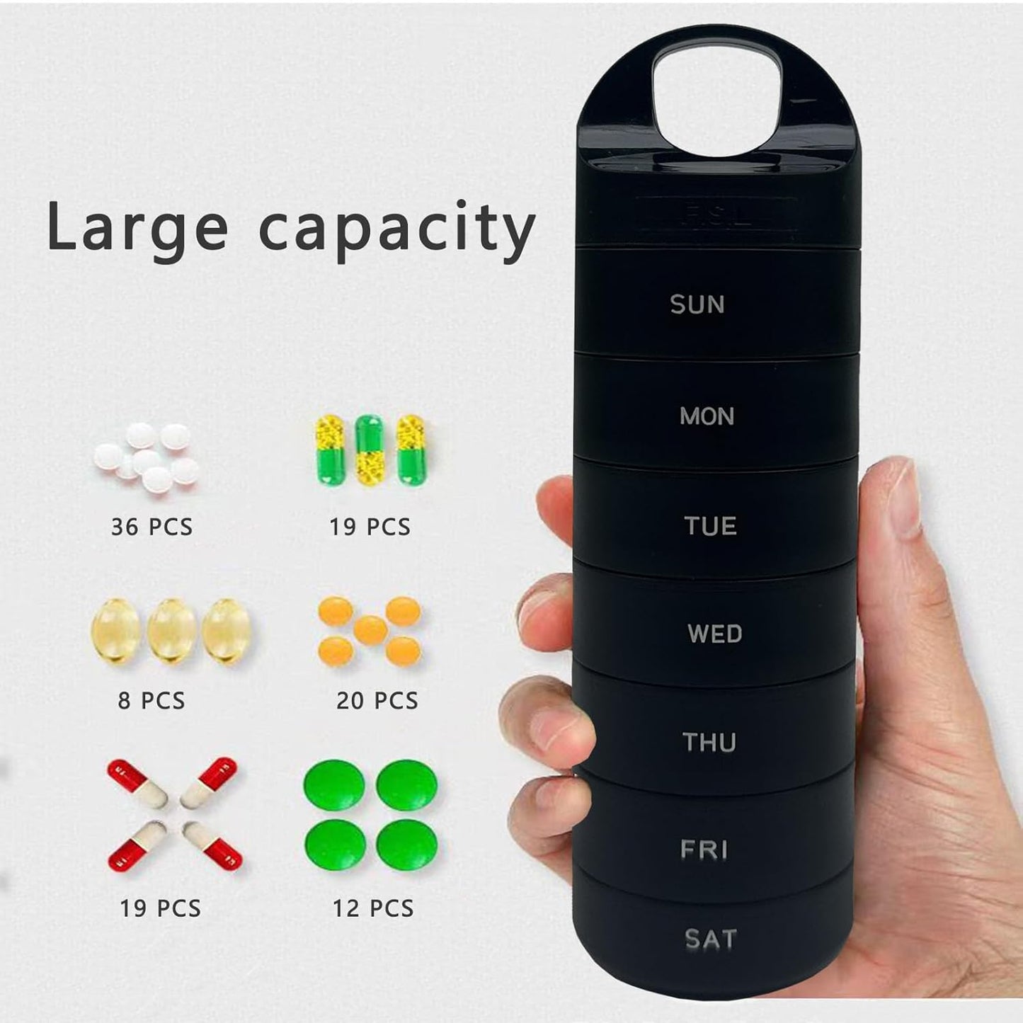 Black Plastic Weekly Pill Organizer - Smart Medicine Pill Organizer Travel - Waterproof, BPA-Free 7 Day Medicine Container - Pill Holder for Vitamins & Medications