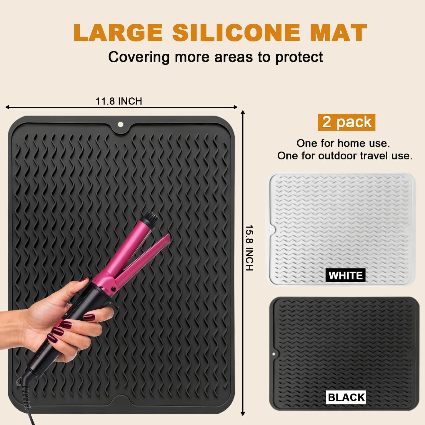 2 Pack Large Curling Irons Mat, Silicone Heat Resistant Portable Travel Mat Cover for Flat Iron, Hair Straightener, Hot Hair Styling Pad Tools-(Black & White)