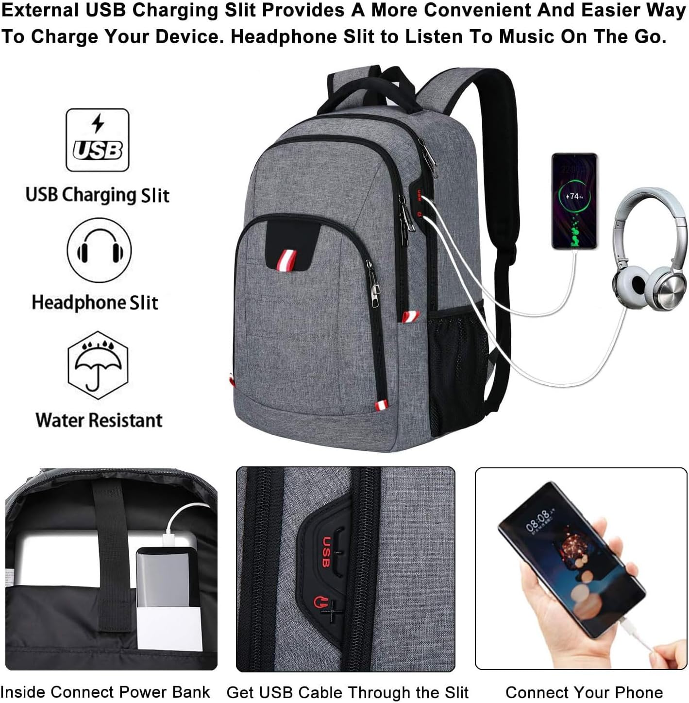 Della Gao Travel Laptop Backpack, Anti Theft Backpack for Men and Women with USB Slit Business Computer Backpack Bag (Grey, 15.6 Inch)