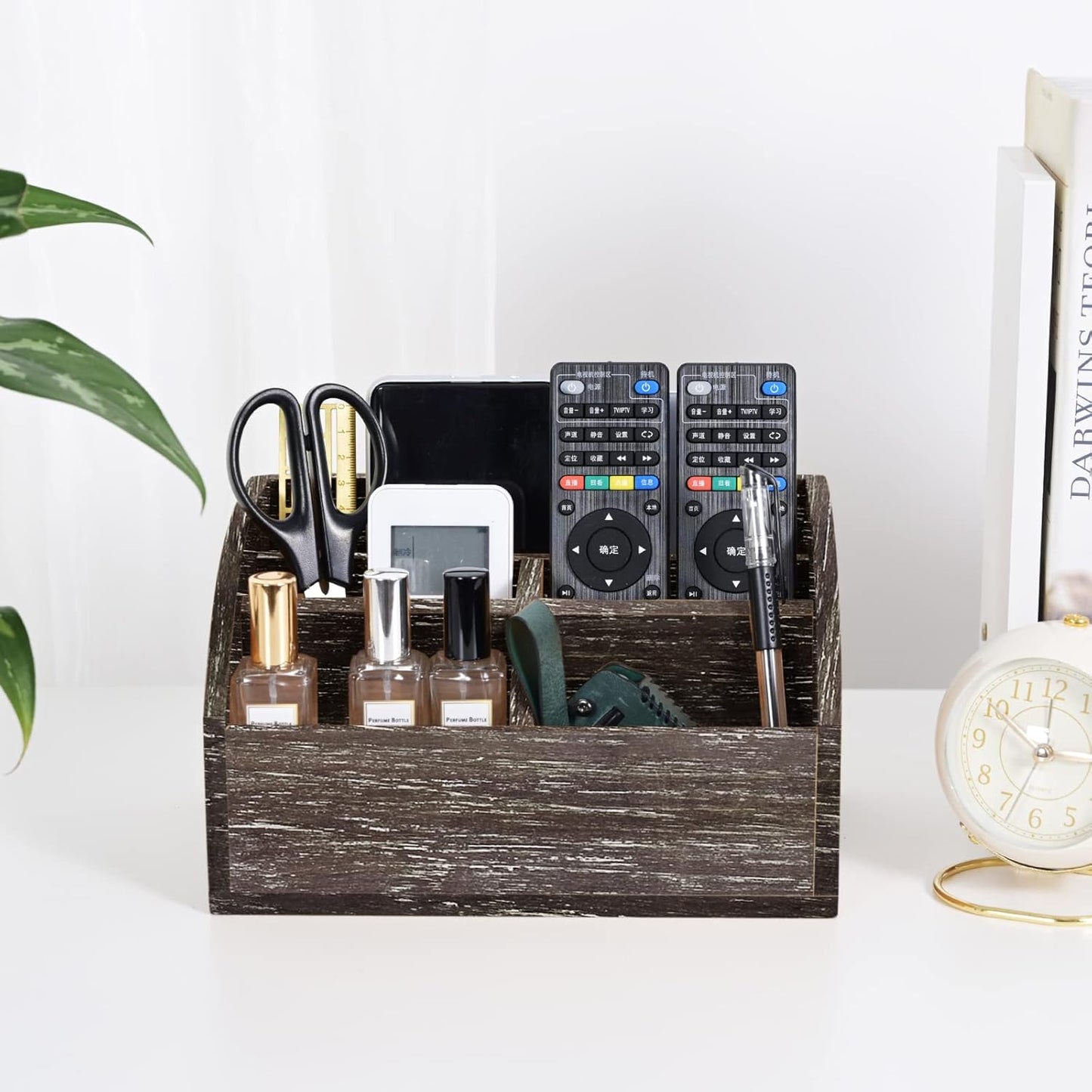 OKSQW Wood Desk Organizer, Solid Wooden Dark Brown Pen Holder for Desktop Organizer, No Need Assembly, Home Office Supplies Workspace Organizers Mail Holder Remote Control Countertop Storage Box