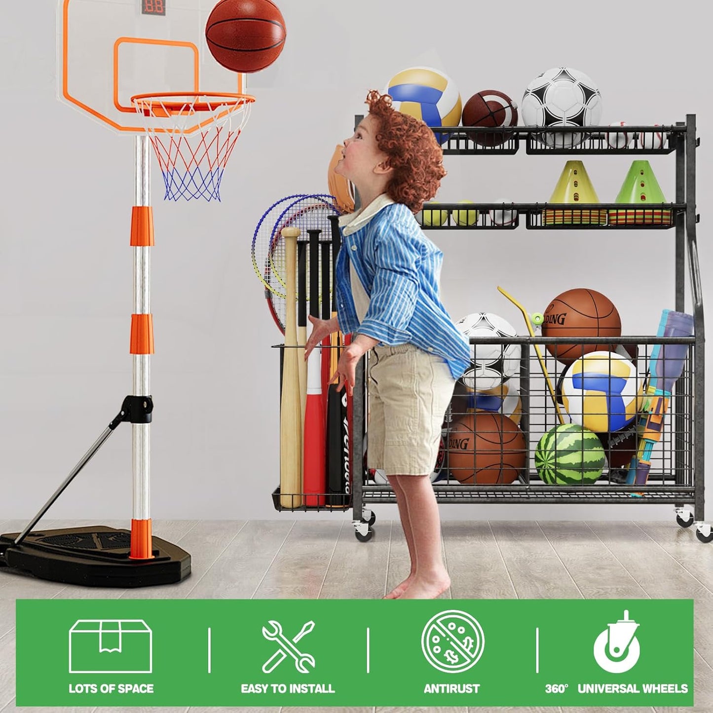 Garage Sports Equipment Organizer,Ball Storage With Four Baskets And Six Hooks,Sports Organizer For Garage,Heavy Duty Garage Organizer,Garage Storage,Garage Organization,Outdoor Toy Storage