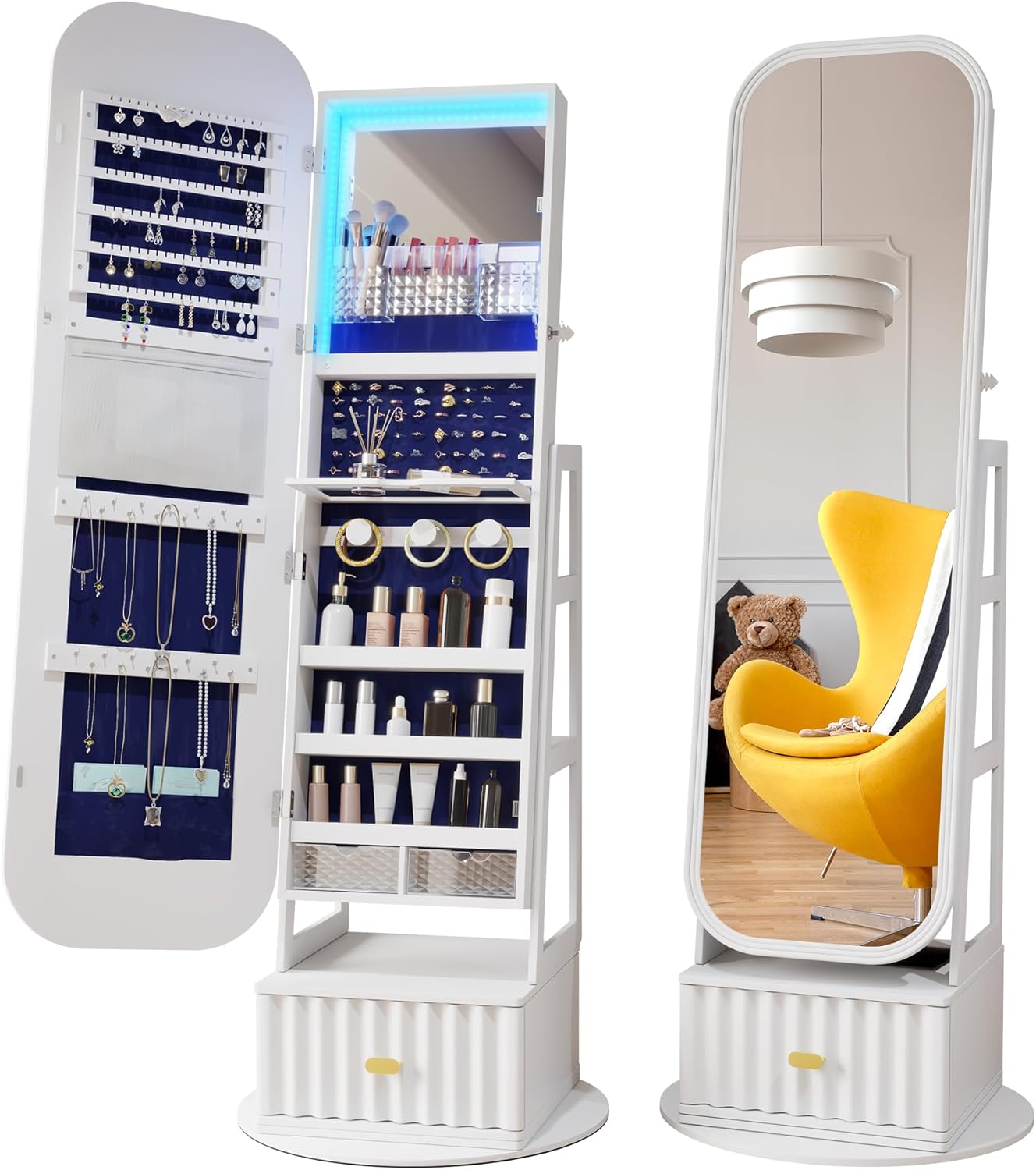 61" Full Length Mirror Jewelry Cabinet with Storage – Rotating, Lockable Jewelry Armoire with Velvet Lining, Standing Organizer for Women – Ideal Gift for Jewelry Storage & Display, White
