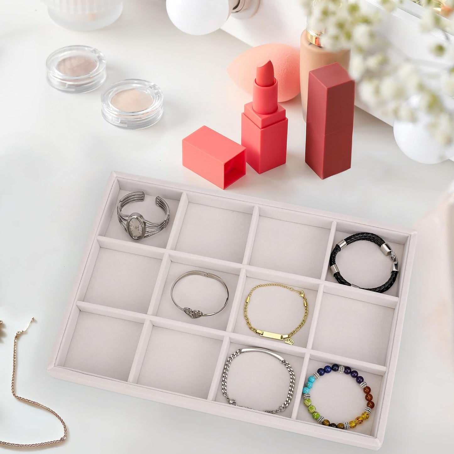 Mornajina 12 Grids Velvet Jewelry Tray Jewelry Display Tray, Stackable Empty Plate Trays for Earrings Necklaces Bracelet Rings Display Showcase - Beige