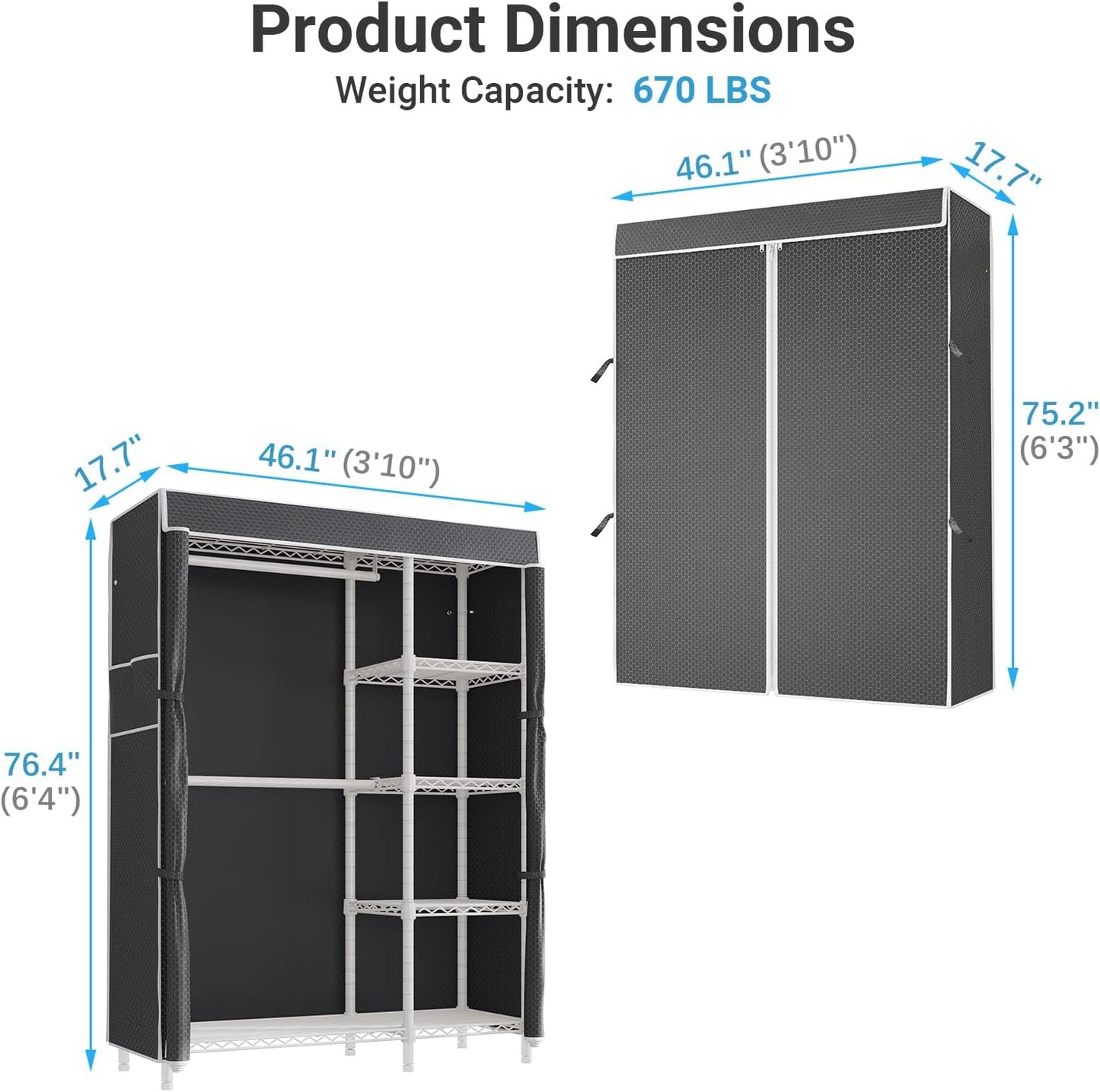 VIPEK V7C Garment Racks with Cover Portable Closets for Hanging Clothes, Heavy Duty Clothes Rack with Shelves Metal Closet Wardrobe, Max 670lbs, White Rack with Black Upgraded Polyester Cover