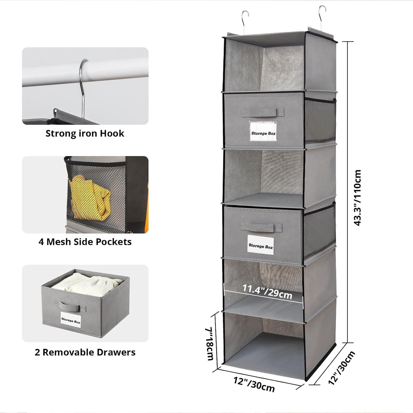 2 Pack 6 Shelves Hanging Closet Organizer with 2 Drawer, Hanging Storage with 4 Side Pockets for Clothes Shoes, 43.5"x12"x12"(Gray)