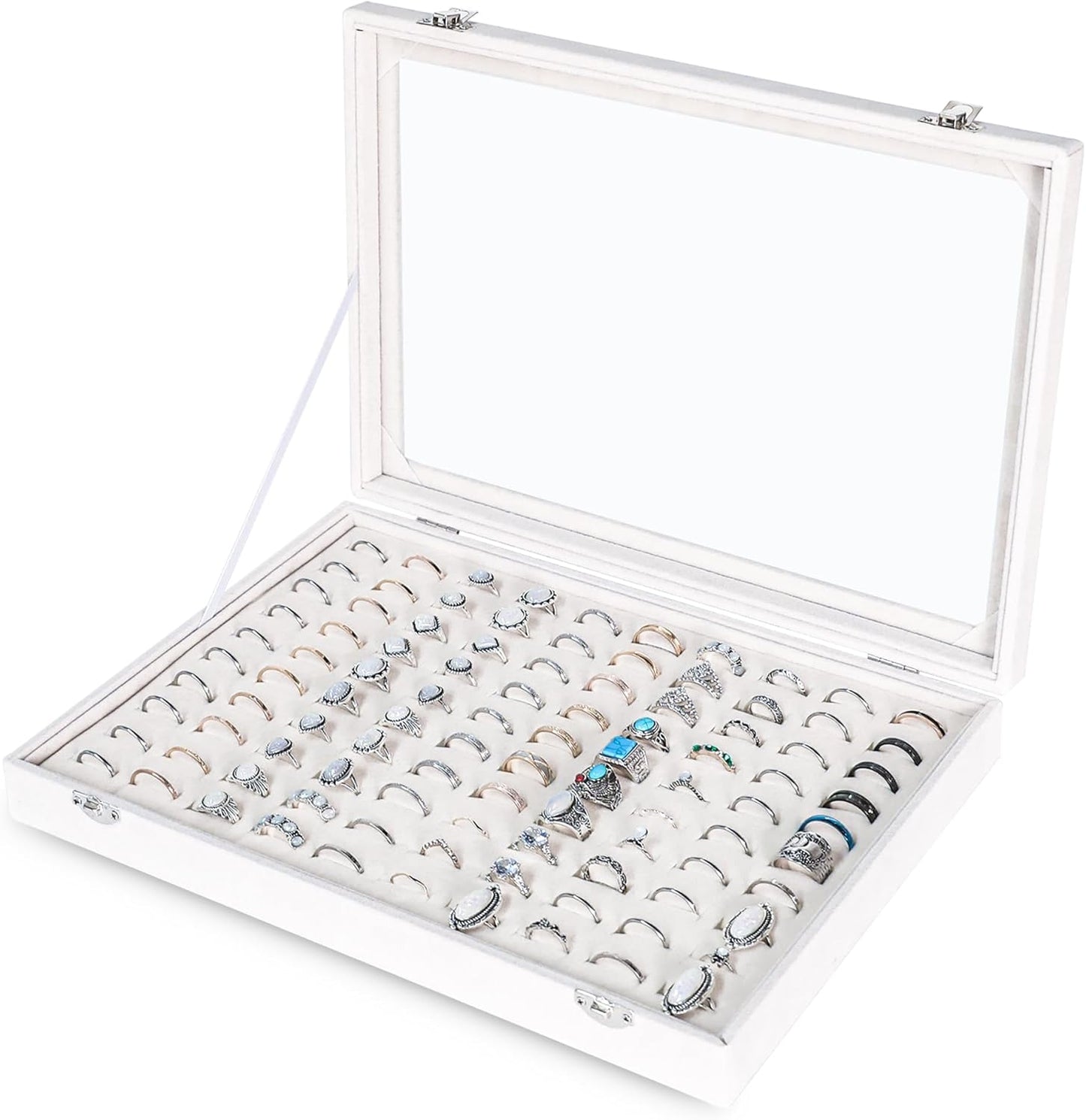 Frebeauty Ring Organizer Tray 100 Slots Ring Holder with Clear Lid Velvet Storage Box Jewelry Tray for Jewelry Store Earring Display Case for Jewelry Show Studs Box for Women(White)