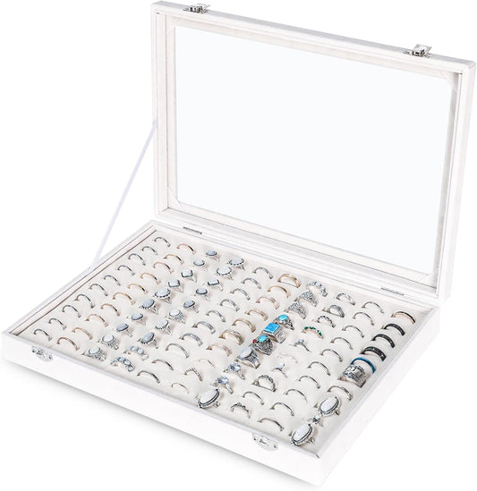 Frebeauty Ring Organizer Tray 100 Slots Ring Holder with Clear Lid Velvet Storage Box Jewelry Tray for Jewelry Store Earring Display Case for Jewelry Show Studs Box for Women(White)