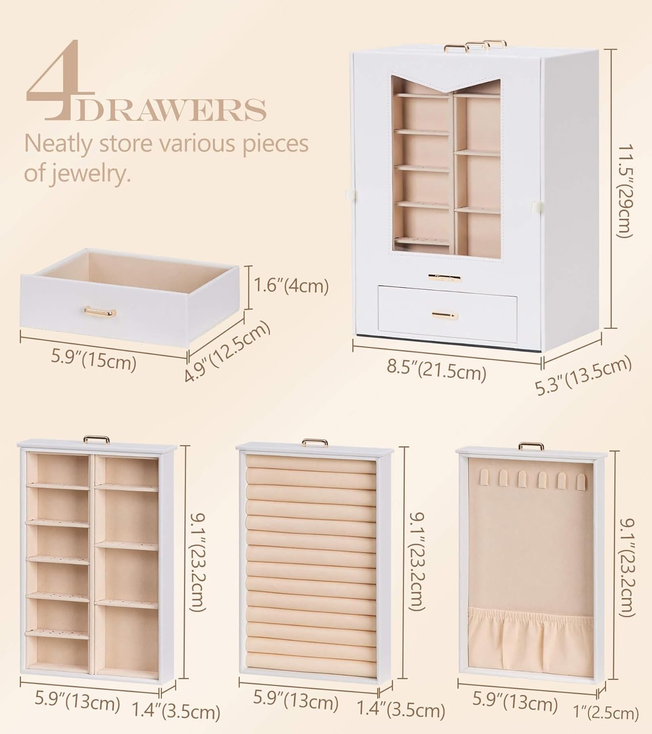 Homde Jewelry Organizer with Transparent Window Necklace Hooks Gift for Women Jewelry Box Display Case for Necklaces Rings Earrings Bracelets and Other Jewelry Accessories (White + Gold)