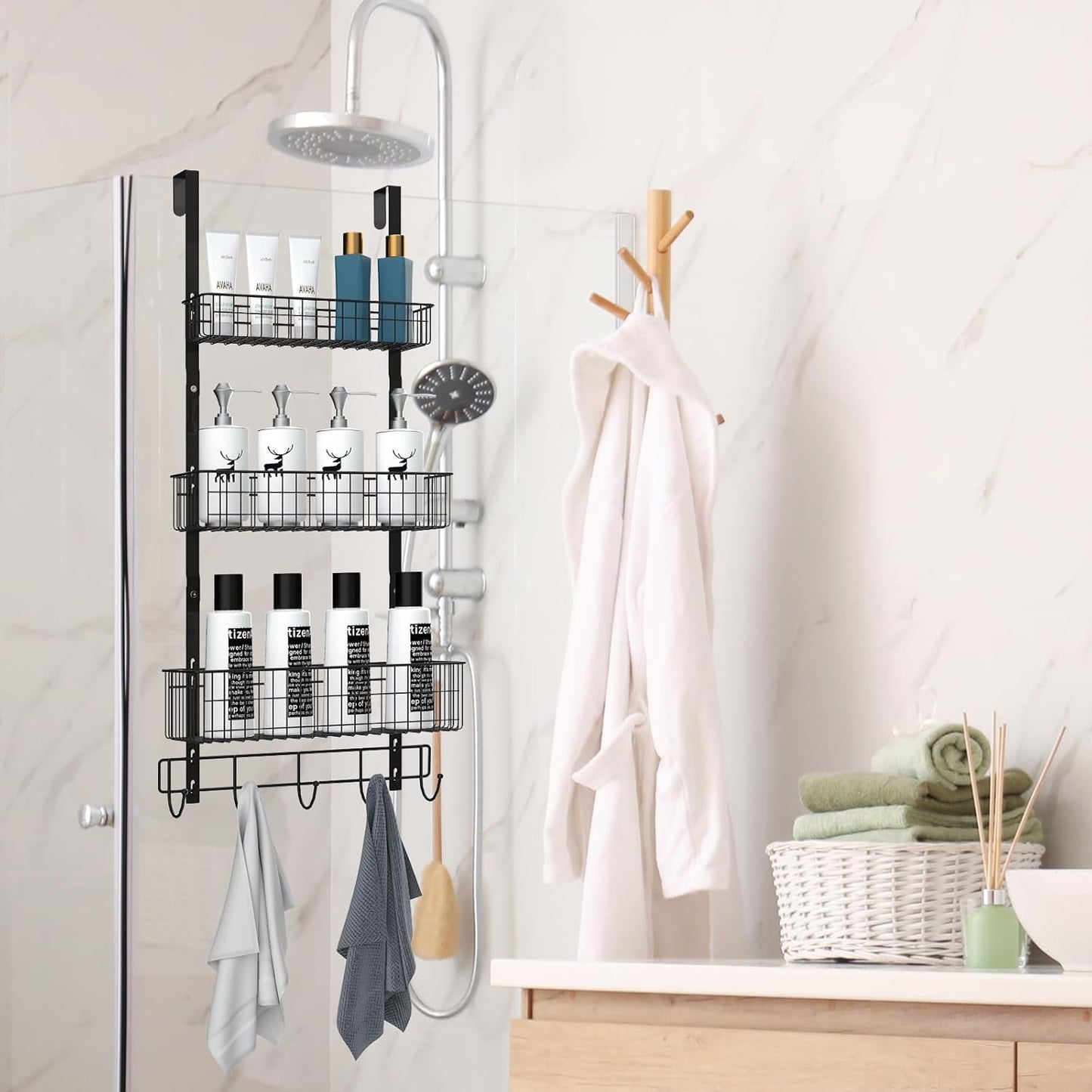 CADUKE Black Over The Door Organizer Over The Door Hooks with Basket Storage Door Towel Racks for Bathroom Door Storage Rack with 5 Hooks 3-Tier Door Hanger Basket for Kitchen