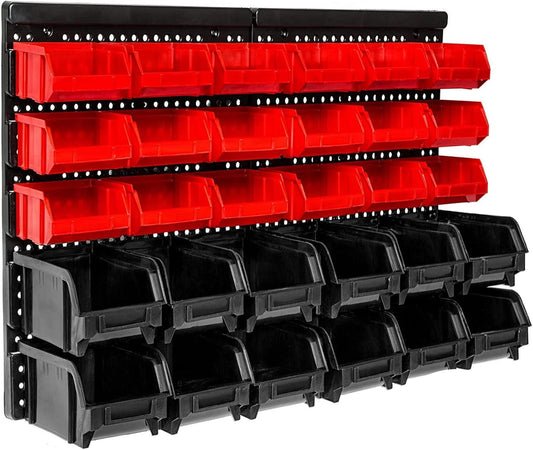 Wall Mounted Storage Bins, 30 Wall Mount Tool Organizer Bins Plastic Parts Rack Container, Easy Access Compartments For Tools, Hardware, Crafts, Office Supplies And More, Blackred
