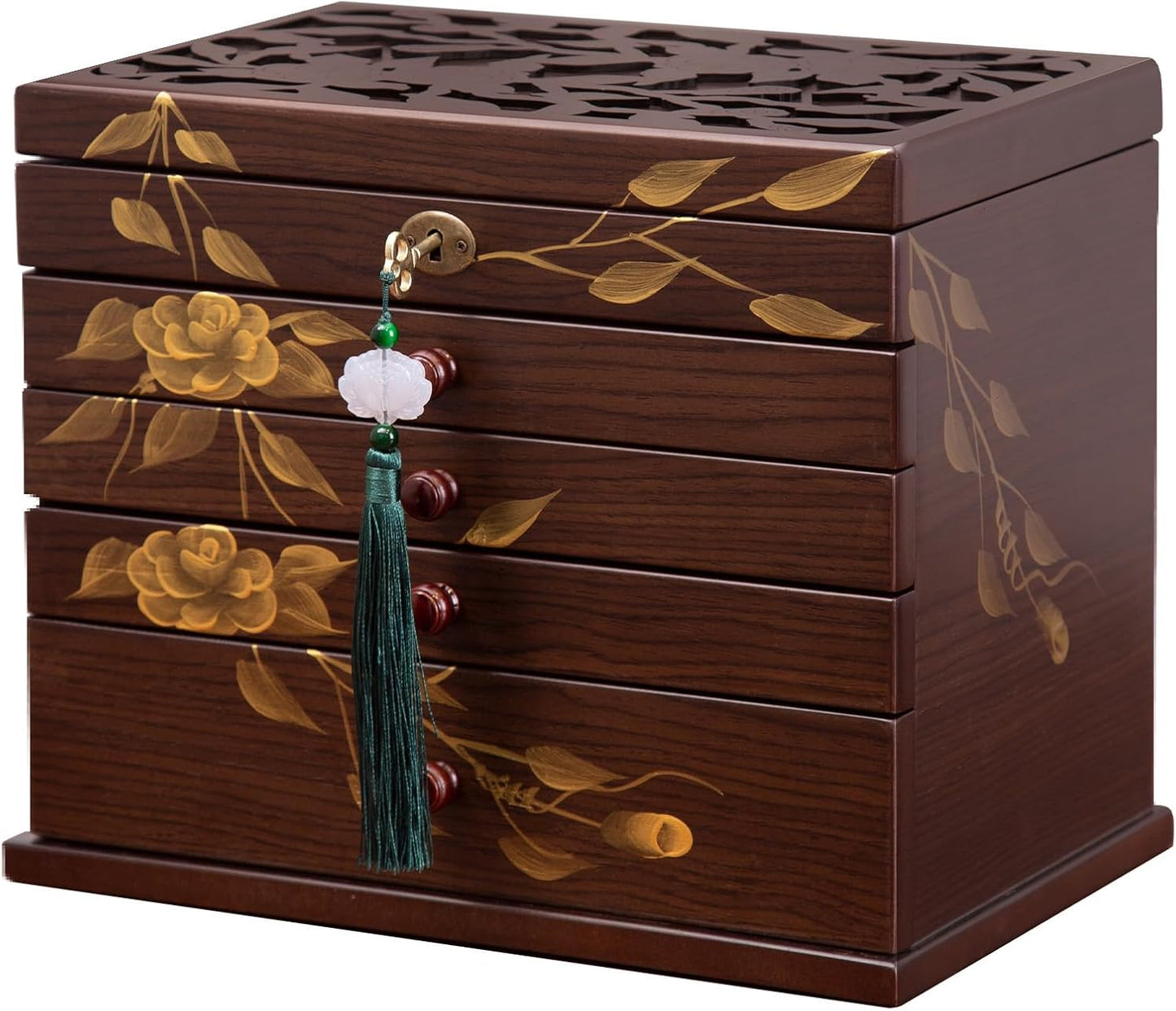 Hand-drawn rose Jewelry Box Wood for Wowen,6-Layer Wooden Jewelry Organizer Boxes with 4 Drawers dresser, Vintage Multi-functional Jewelry Storage Case with lock