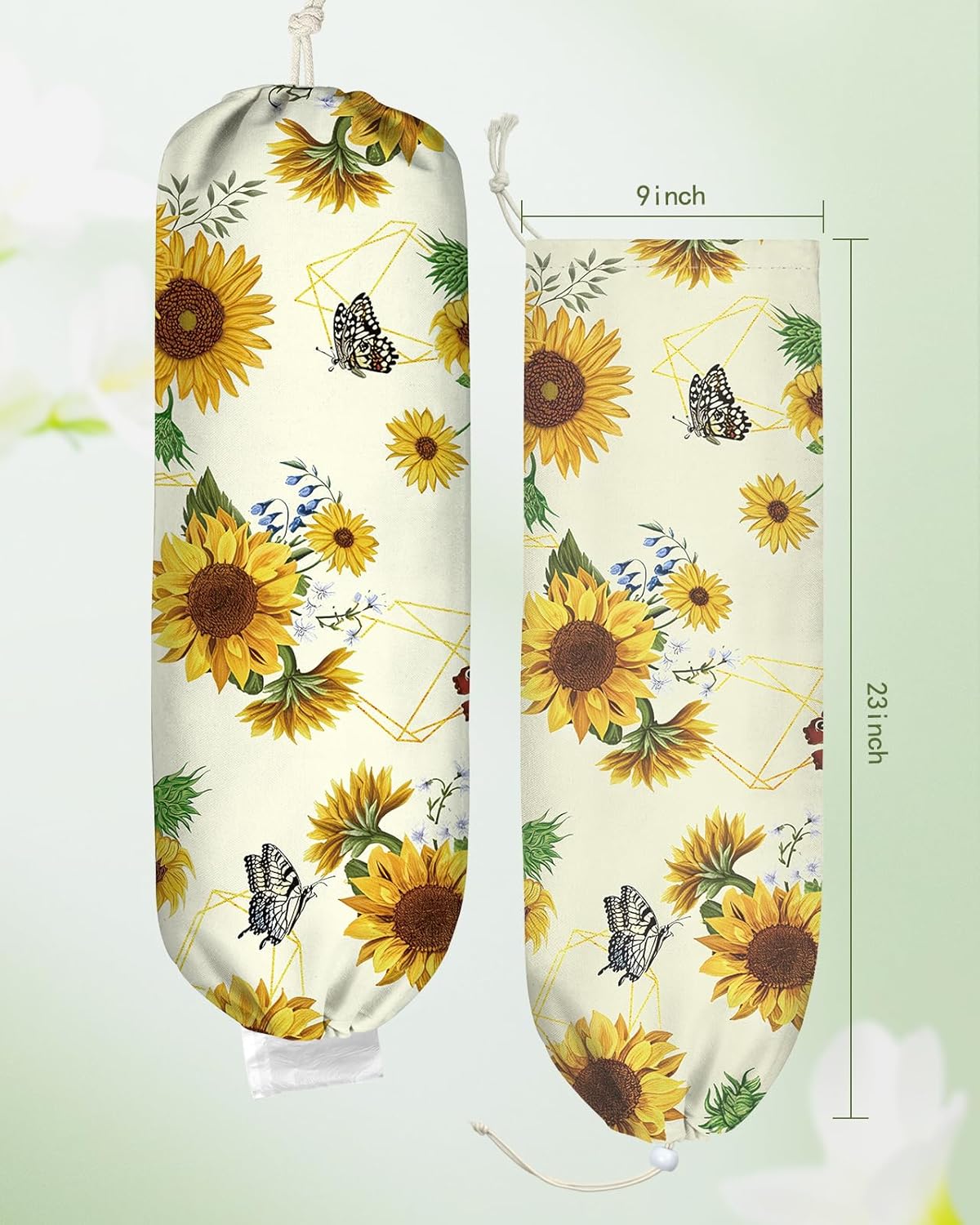 Plastic Bag Holder, Grocery Bag Organizer - 1 Pack Cute Kitchen Dispenser Holders Reusable Shopping Western Hanging Wall with Adjustment Drawstring Closure for Women Home, Sunflower