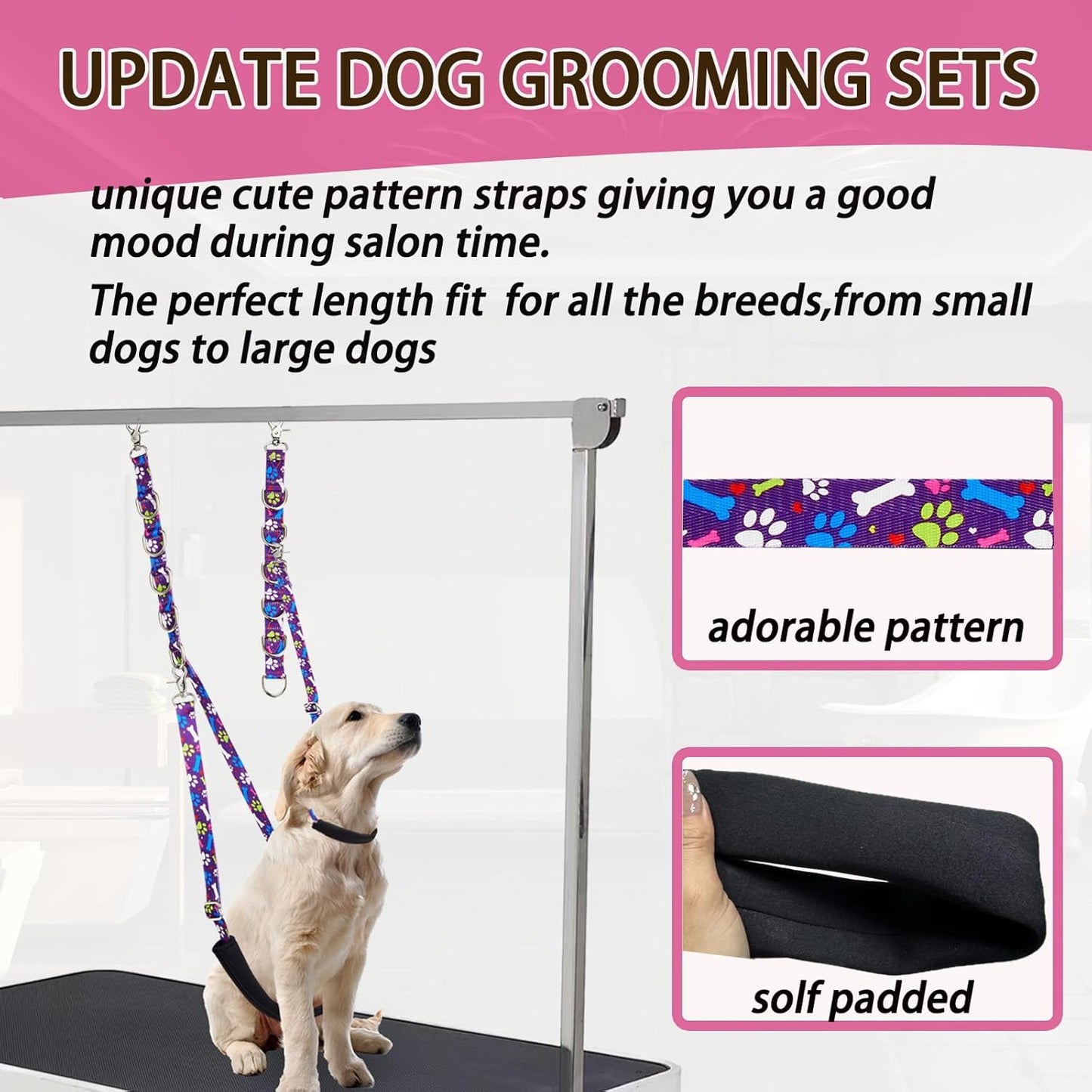 Dog Grooming Belly Straps – Adjustable Grooming Loops with Cute Paw & Bone Pattern – Pet Grooming Belly Band Table Accessories for Small to Large Dogs(Purple)