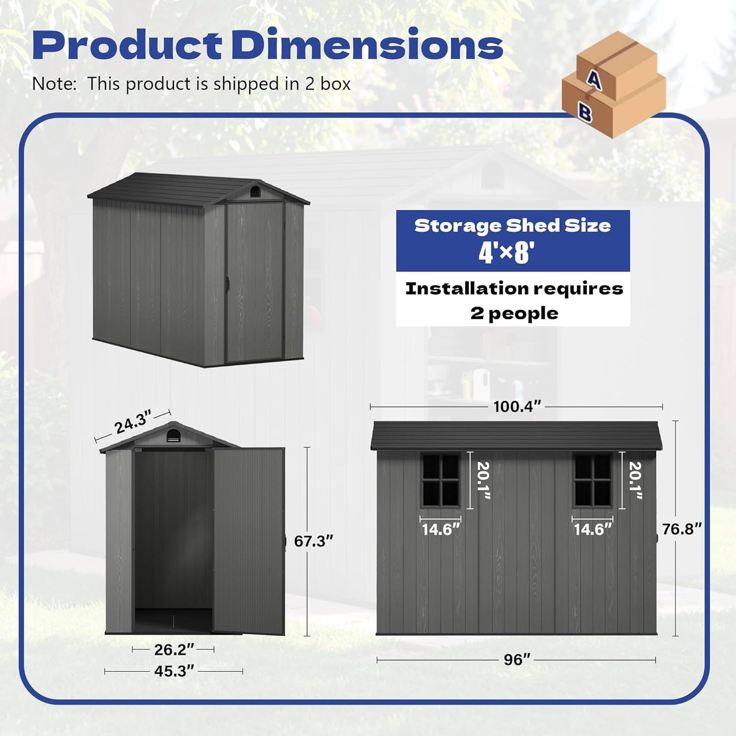Greesum 4x8FT Plastic Outdoor Storage Shed with Floor, Resin Storaged Sheds with Lockable Door, Window & Vent, All-Weather Tool Sheds for Garden, Backyard, Patio, Dark Gray (One-Piece Panel)