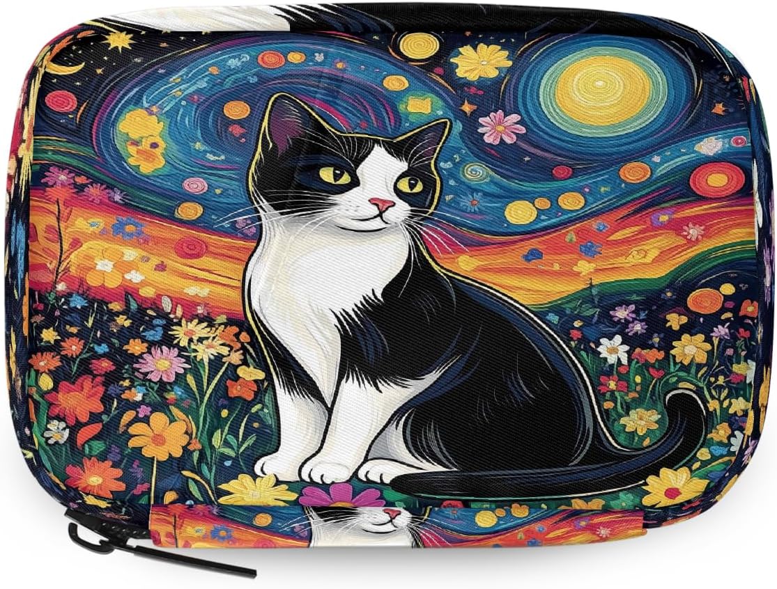 Oli Painting Cat Flowers Pill Organizer Travel Medicine Case with Zipper Daily Vitamin Storage Bag Portable 8 Slot Weekly Pill Box Supplement Holder for Home Office Gym Travel