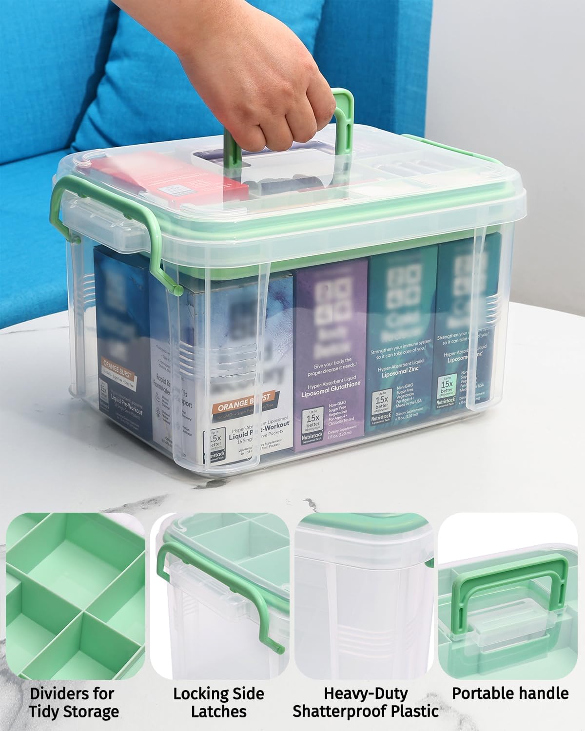 Medicine Organizer Storage Box with Pill Splitter,2 Pack Clear Portable Medicine Cabinet Organizer,Multipurpose Medicine Box with Lids,Trays,Labels,Handle,Empty First Aid Kit for Home,Travel
