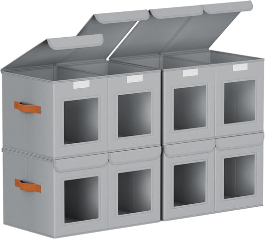 Large Closet Storage Bins - Collapsible Divided Clothes Organizer with Lids & Dual Window, Fabric Organizing Bins for Clothes, Sweater, Toys, Bedroom, Office (Grey, 4 Pack)