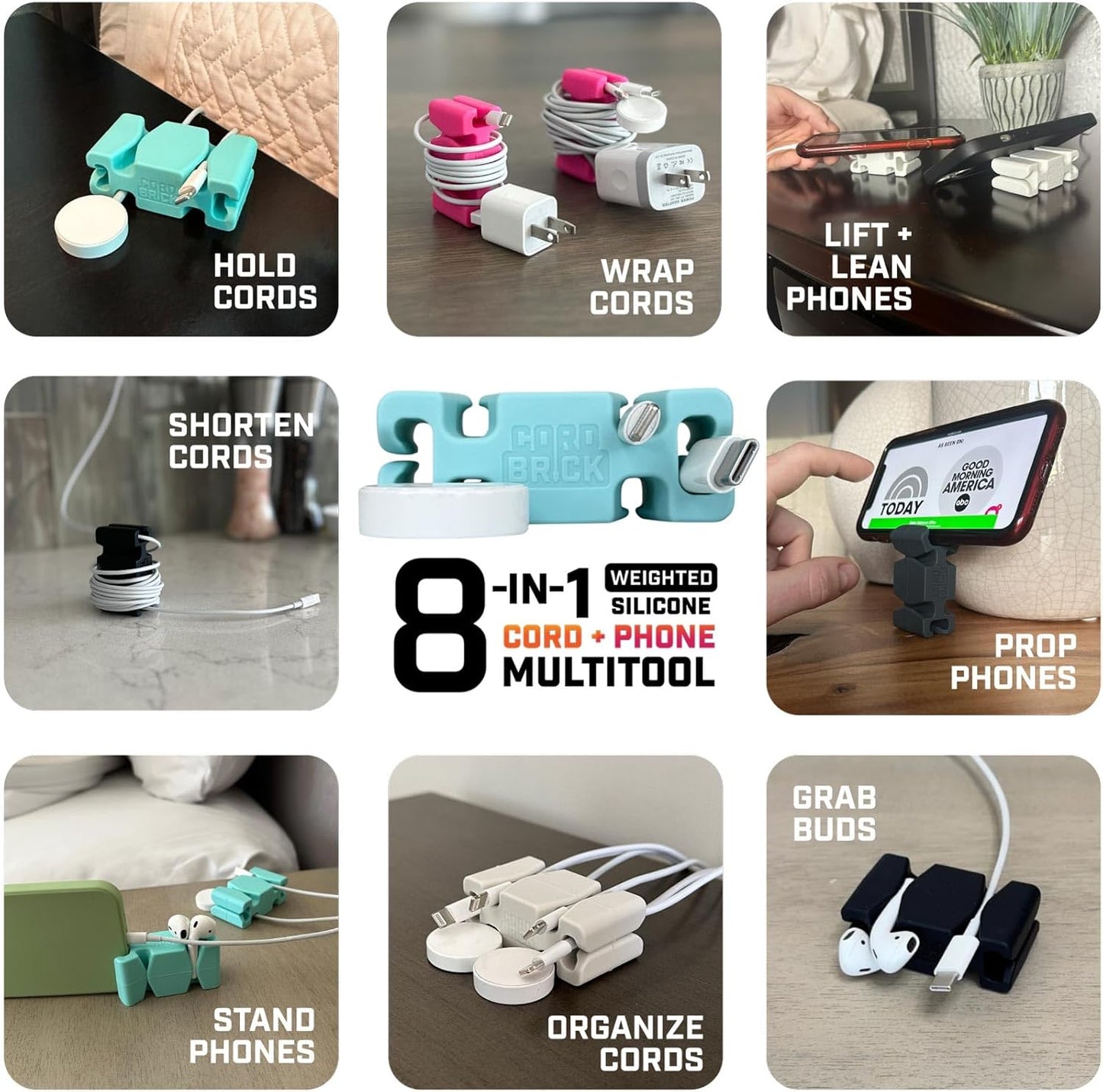CordBrick Stocking Stuffers for Adults Cord Management Weighted Cord Holder Cable Wrap Phone Stand - Multiuse Gadget Organizer for Nightstand, Desk. Gift for Men, Durable Silicone. 2pk Aqua