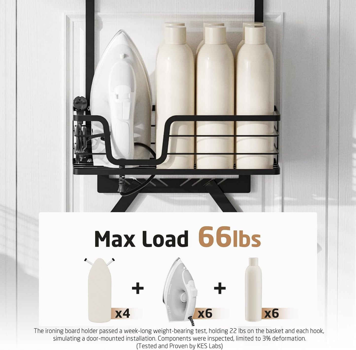 KES Over The Door Ironing Board Holder, Ironing Board Hanger Door Mount with Storage Shelf Y and T Shaped Fits for 1 3/8 Doors Matte Black, HIR501A-BK