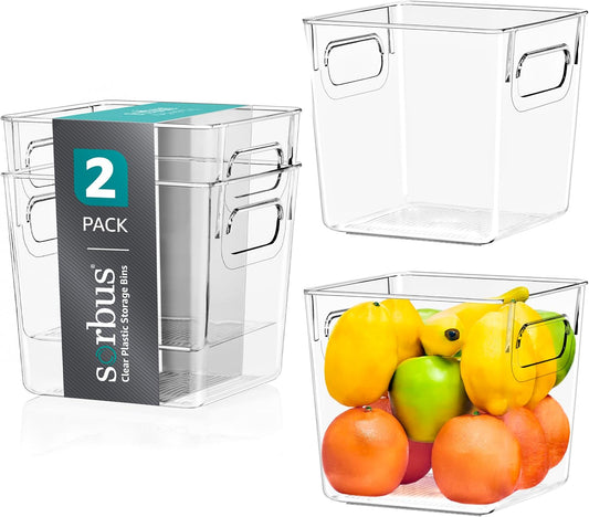 Sorbus Small Clear Plastic Storage Bins for Shelves, Clothes, with Handle - Clear Storage Bins, Drawer, Shelf, Closet, Pantry, Fridge, Freezer Organizer Bins, Closet Organizers and Storage (2 pack)